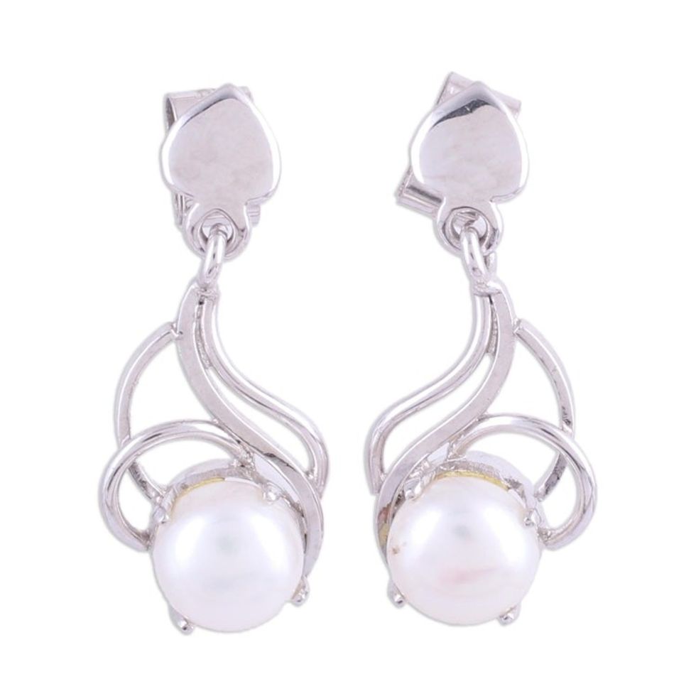 Rhodium Plated Cultured Pearl Dangle Earrings from India 'Graceful Purity'
