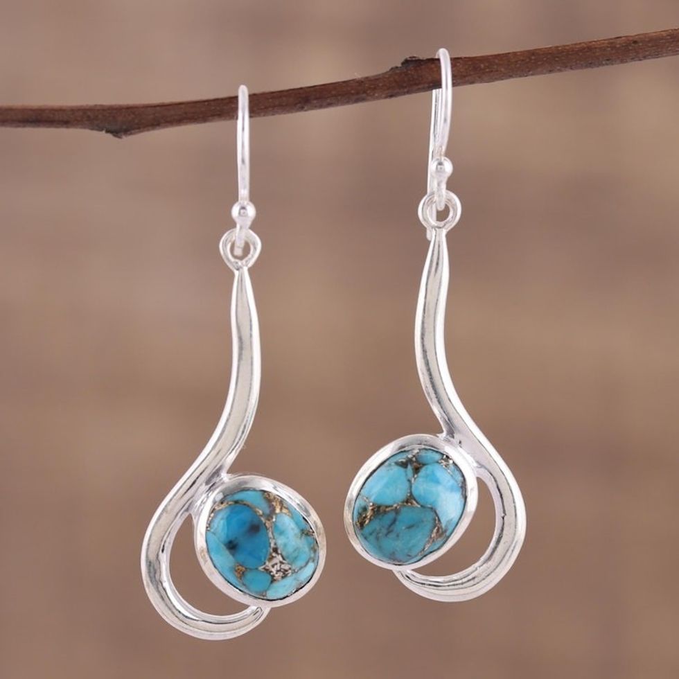 Sterling Silver Dangle Earrings with Composite Turquoise 'Cool Sabarmati'