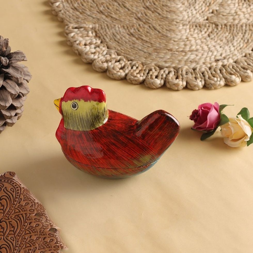 Hand-Painted Papier Mache Rooster Decorative Box from India 'Morning Rooster'