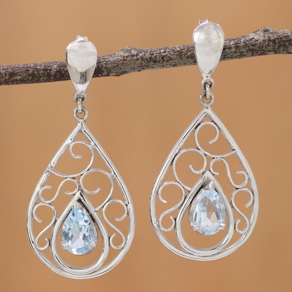 Rhodium Plated Silver and Blue Topaz Dangle Earrings 'Inspired Elegance'