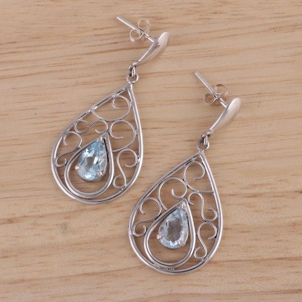 Alternate image for Rhodium Plated Silver and Blue Topaz Dangle Earrings Inspired Elegance