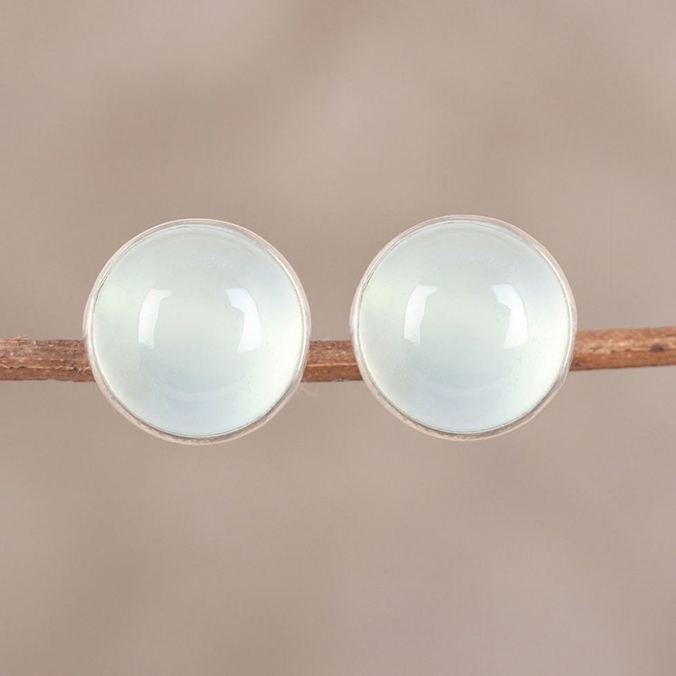 Aqua Chalcedony Round Button Earrings from India 'Moonlight Peace'