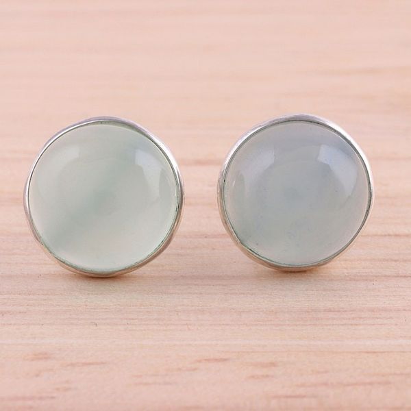 Alternate image for Aqua Chalcedony Round Button Earrings from India Moonlight Peace