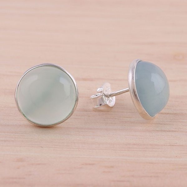 Alternate image for Aqua Chalcedony Round Button Earrings from India Moonlight Peace