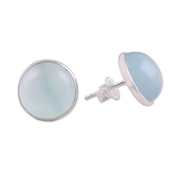 Alternate image for Aqua Chalcedony Round Button Earrings from India Moonlight Peace