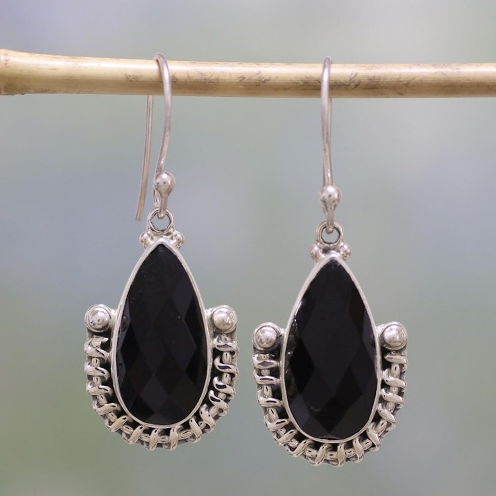 Handmade Onyx and Sterling Silver Dangle Earrings from India 'Magical Night'