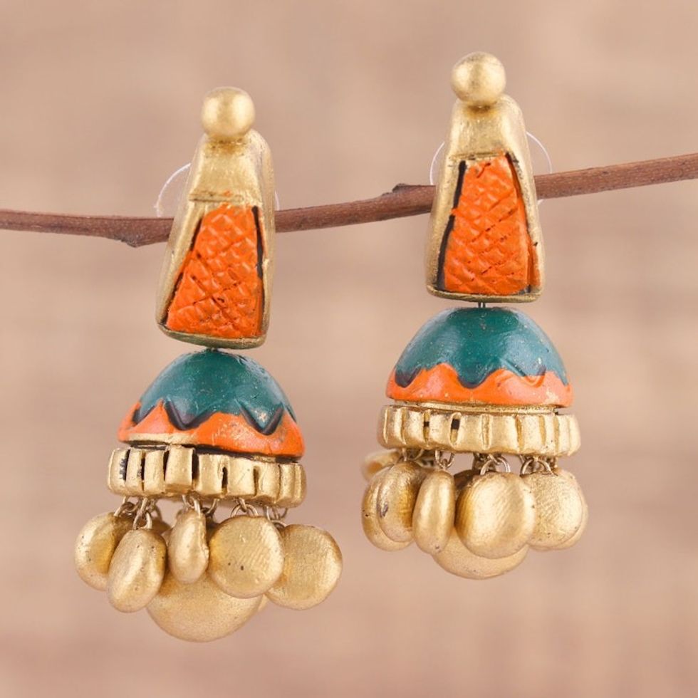 Handcrafted Ceramic Dangle Earrings from India 'Golden Desire'