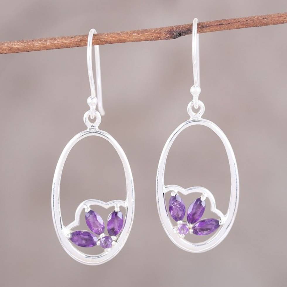 Handcrafted Amethyst Sterling Silver Oval Dangle Earrings 'Petite Violet'