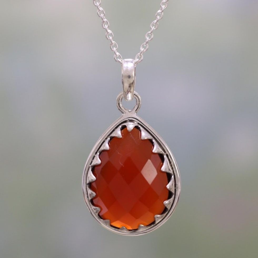 Carnelian and Sterling Silver Pendant Necklace from India 'Firelight'