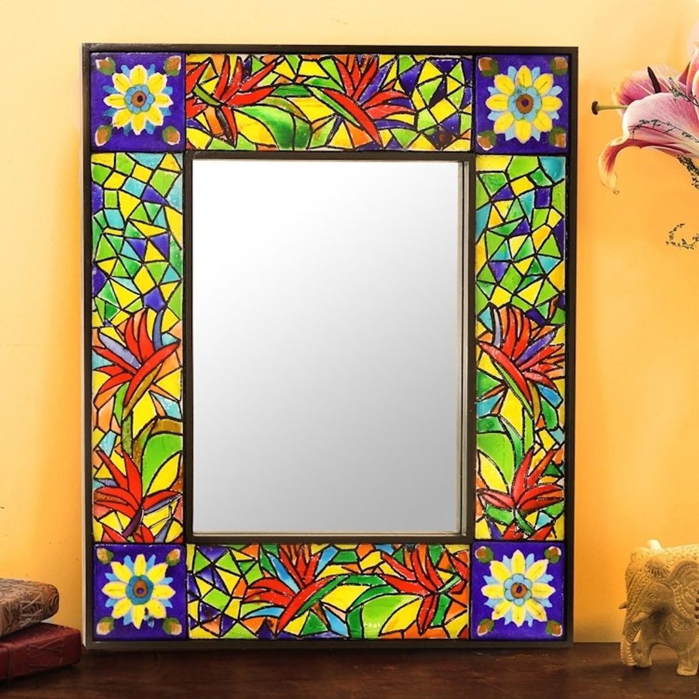 Multi-Colored Leaves Inlaid Ceramic Tile Wall Mirror 'Inlaid Foliage'