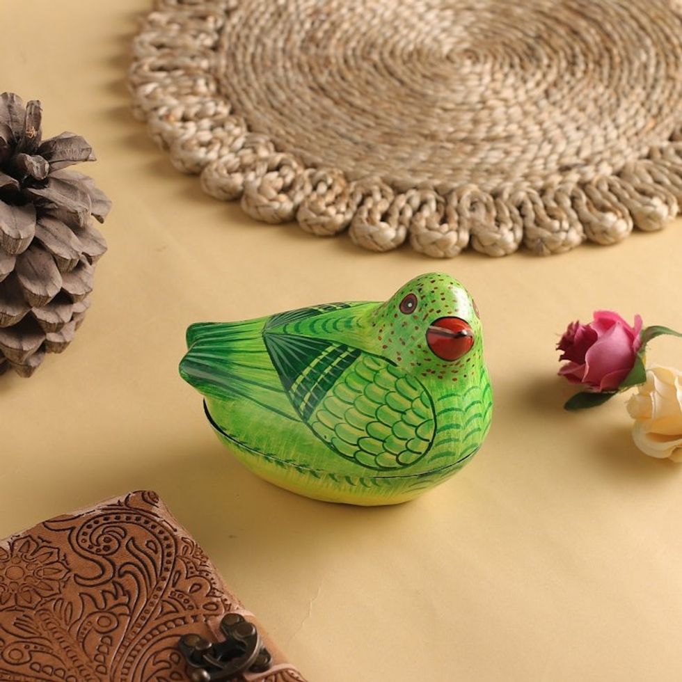 Green Papier Mache Parrot Keepsake Box from India 'Pretty Parrot'