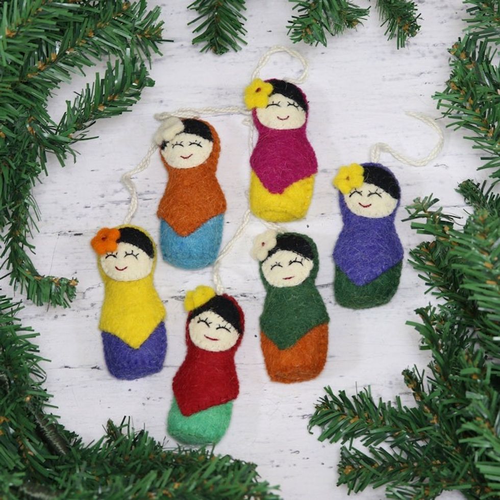 Set of Six Colorful Wool Ornaments from India 'Best Friends'