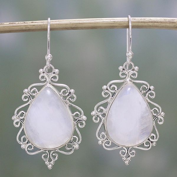 Alternate image for Rainbow Moonstone and Sterling Silver Earrings from India Spiral Drops