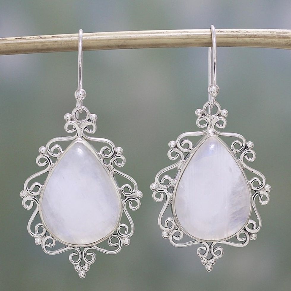 Rainbow Moonstone and Sterling Silver Earrings from India 'Spiral Drops'
