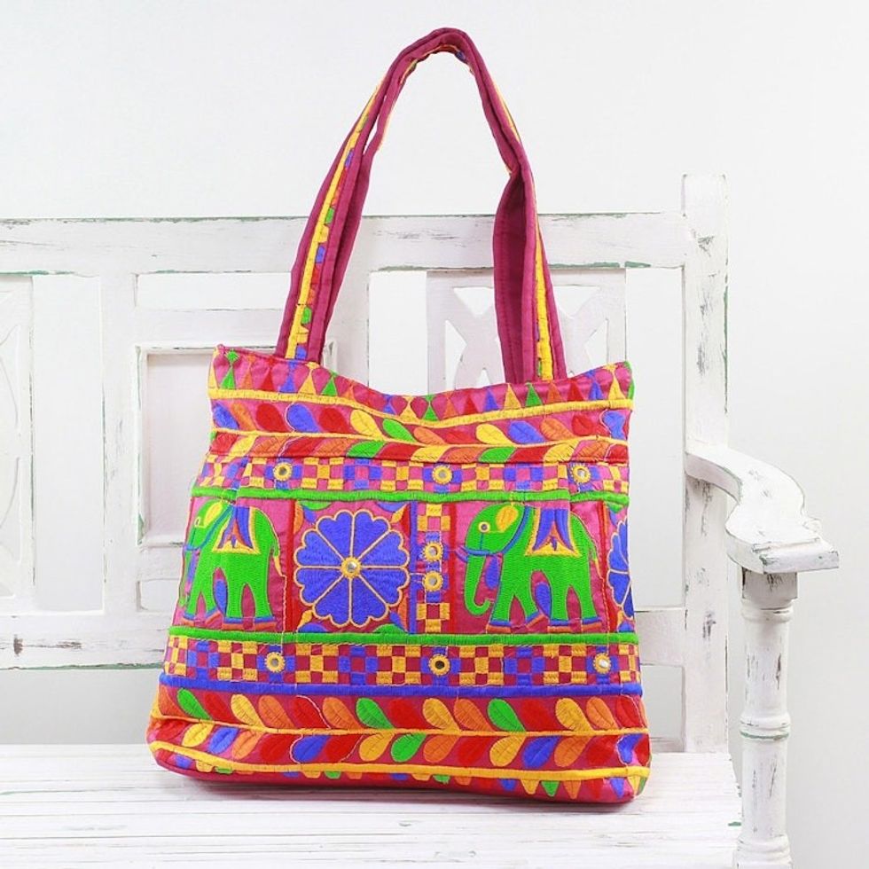Tote Handbag with Floral and Elephant Motifs from India 'Elephant Fantasies in Magenta'