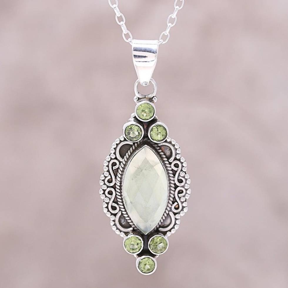 Green Peridot and Prehnite Marquise Pendant Necklace 'Glamour in Green'