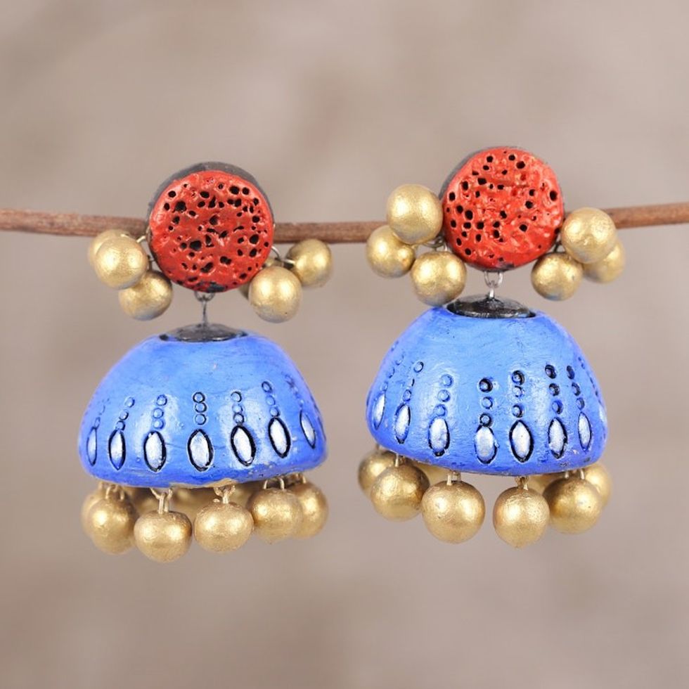 Colorful Ceramic Dangle Earrings Crafted in India 'Golden Ambience'