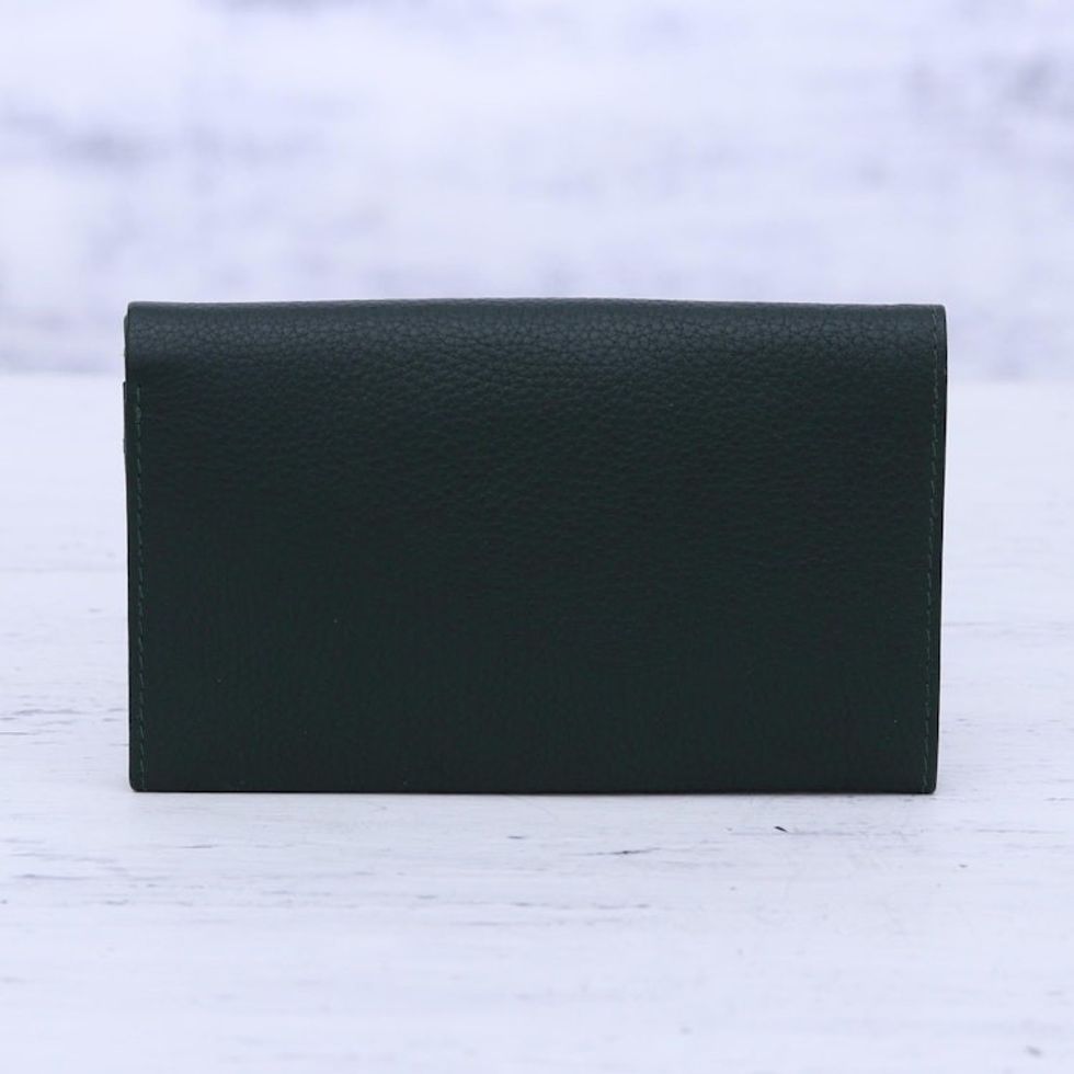 Ivy Green Pebbled Leather Bi-Fold Wallet from India 'Forest Grandeur'