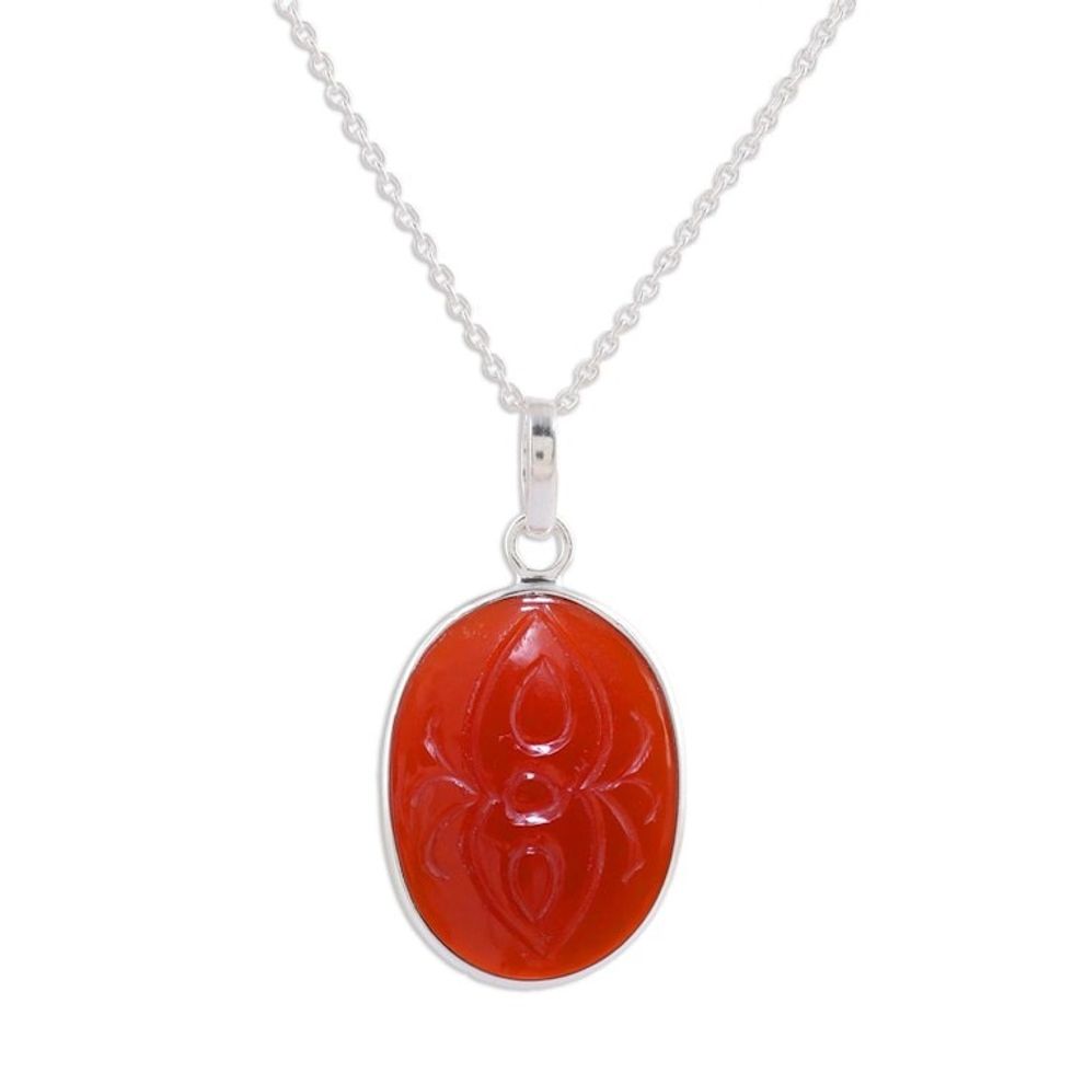 Carnelian and Sterling Silver Pendant Necklace from India 'Fiery Gleam'