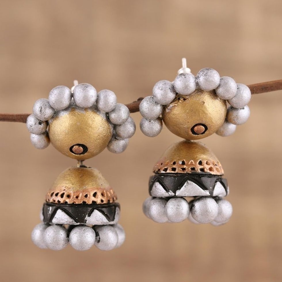 Silver and Gold-Tone Ceramic Dangle Earrings from India 'Precious Allure'