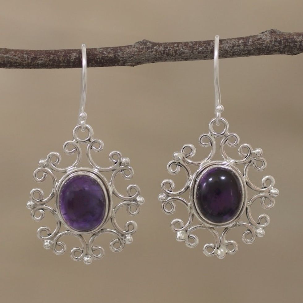 Handcrafted Oval Amethyst Dangle Earrings from India 'Oval Majesty'