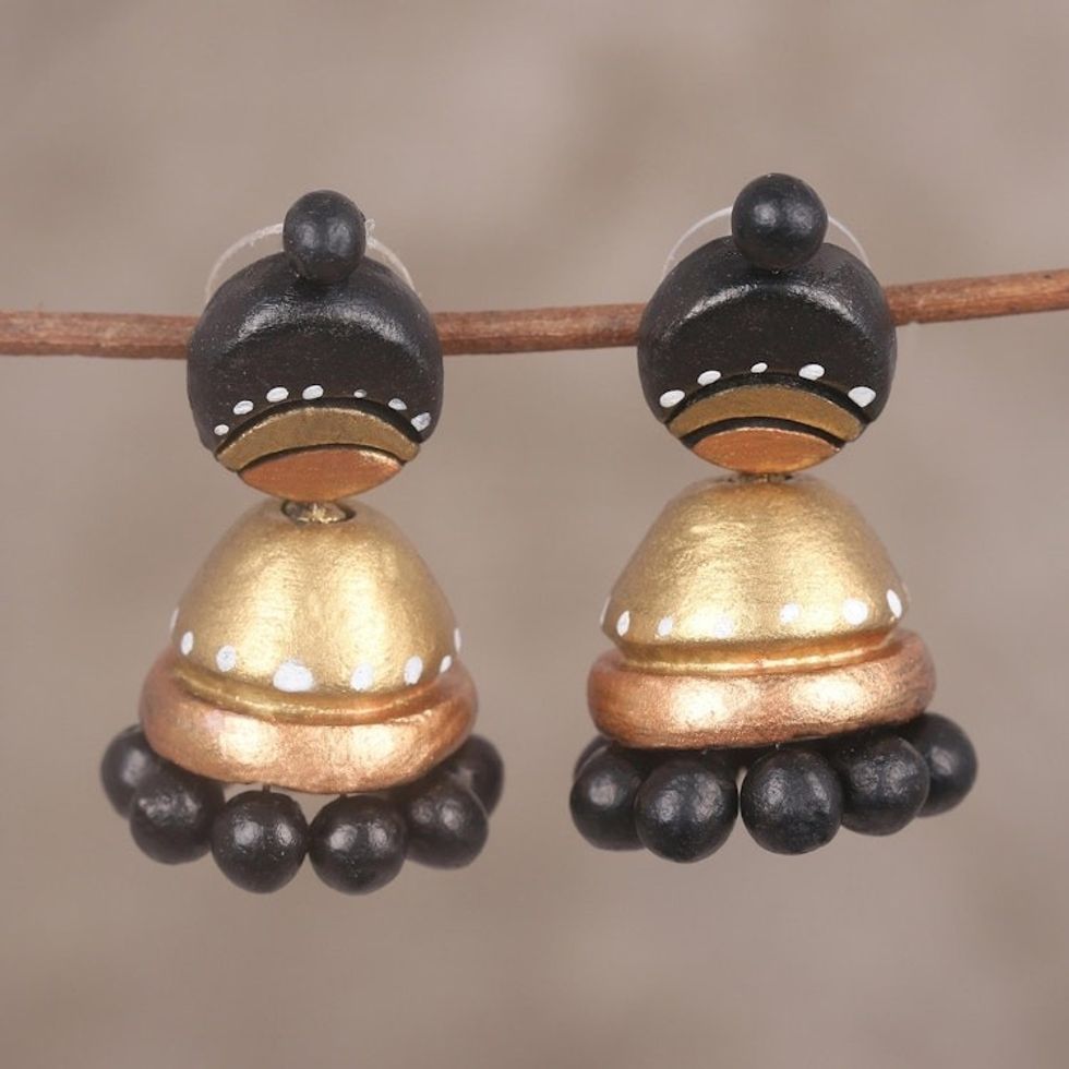 Black and Gold Jhumki Ceramic Parasol Dangle Post Earrings 'Magical Gold'