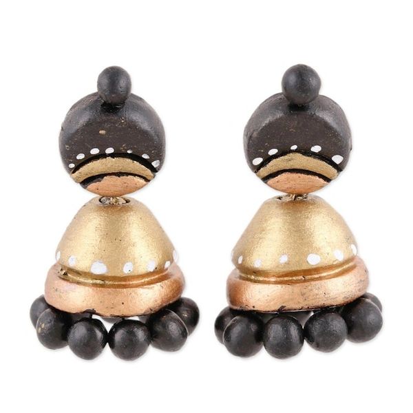Alternate image for Black and Gold Jhumki Ceramic Parasol Dangle Post Earrings Magical Gold