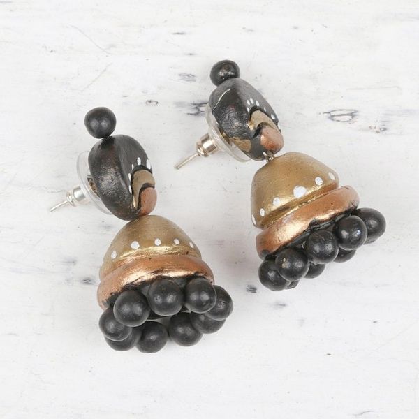 Alternate image for Black and Gold Jhumki Ceramic Parasol Dangle Post Earrings Magical Gold