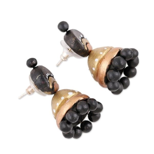 Alternate image for Black and Gold Jhumki Ceramic Parasol Dangle Post Earrings Magical Gold