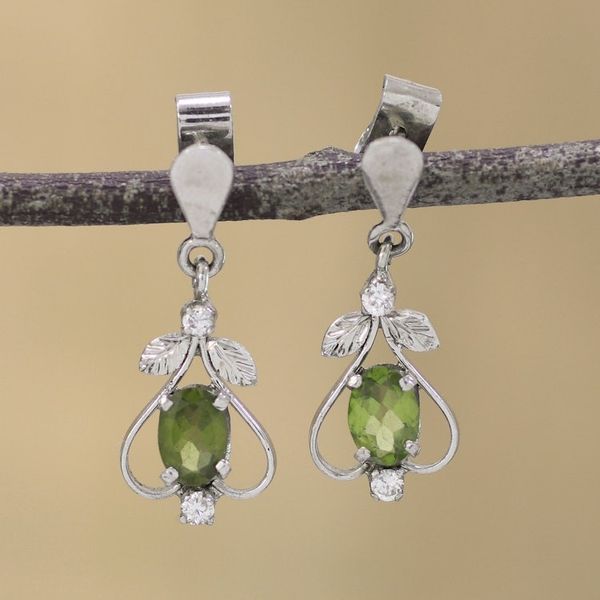 Alternate image for Peridot CZ Rhodium-Plated Sterling Silver Dangle Earrings Leafy Spade