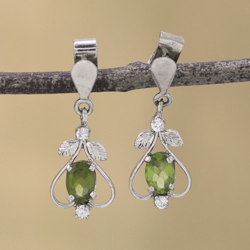 Peridot CZ Rhodium-Plated Sterling Silver Dangle Earrings 'Leafy Spade'