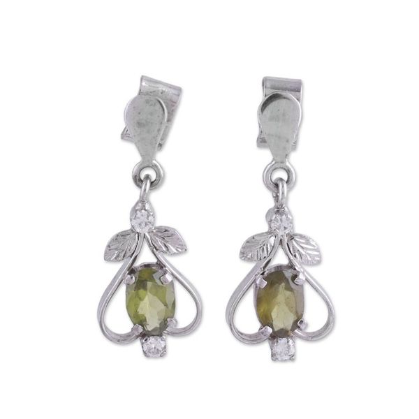 Alternate image for Peridot CZ Rhodium-Plated Sterling Silver Dangle Earrings Leafy Spade