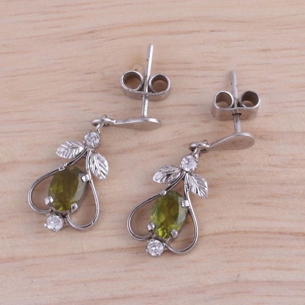 Alternate image for Peridot CZ Rhodium-Plated Sterling Silver Dangle Earrings Leafy Spade