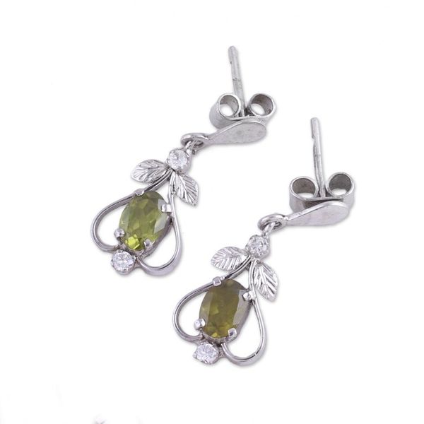 Alternate image for Peridot CZ Rhodium-Plated Sterling Silver Dangle Earrings Leafy Spade