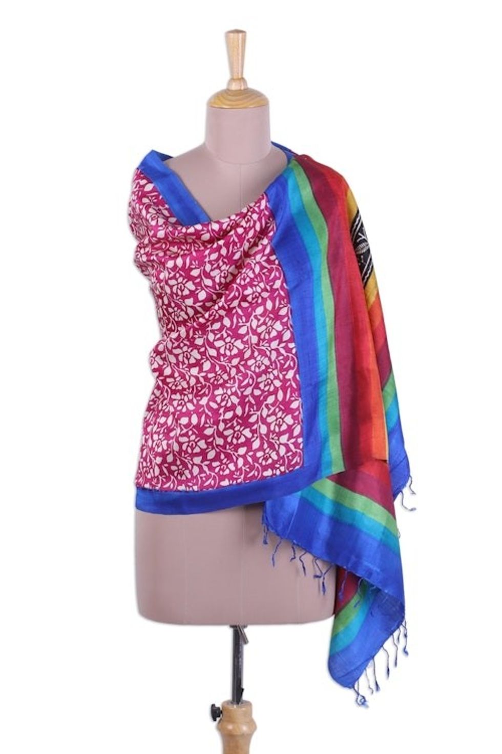 Block Printed Fringed Multicolored Silk Shawl from India 'Exciting Vine'
