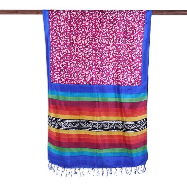 Alternate image for Block Printed Fringed Multicolored Silk Shawl from India Exciting Vine