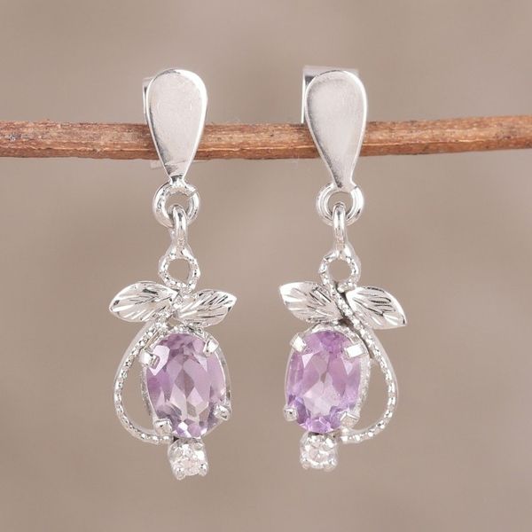 Alternate image for Amethyst and Cubic Zirconia Dangle Earrings from India Purple Fruit