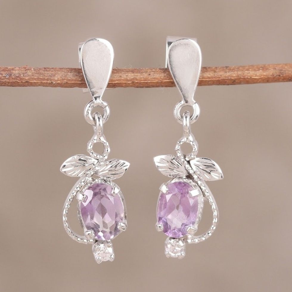 Amethyst and Cubic Zirconia Dangle Earrings from India 'Purple Fruit'