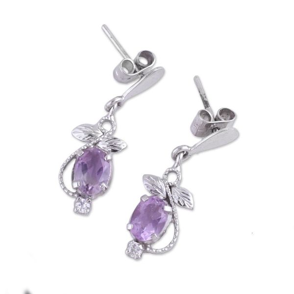 Alternate image for Amethyst and Cubic Zirconia Dangle Earrings from India Purple Fruit