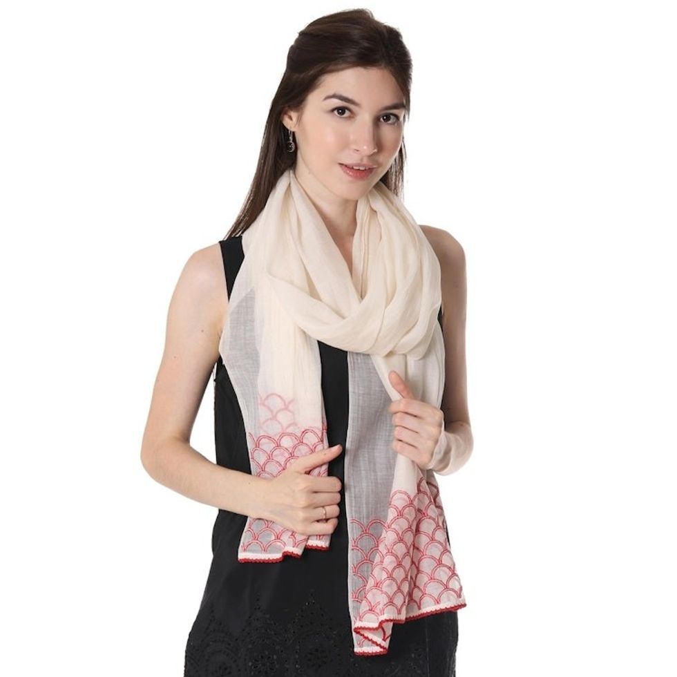Cotton and Silk Blend Indian Shawl in Natural and Strawberry 'Strawberry Picnic'
