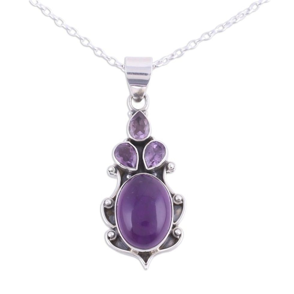 Amethyst and Sterling Silver Pendant Necklace from India 'Desirous Elegance'