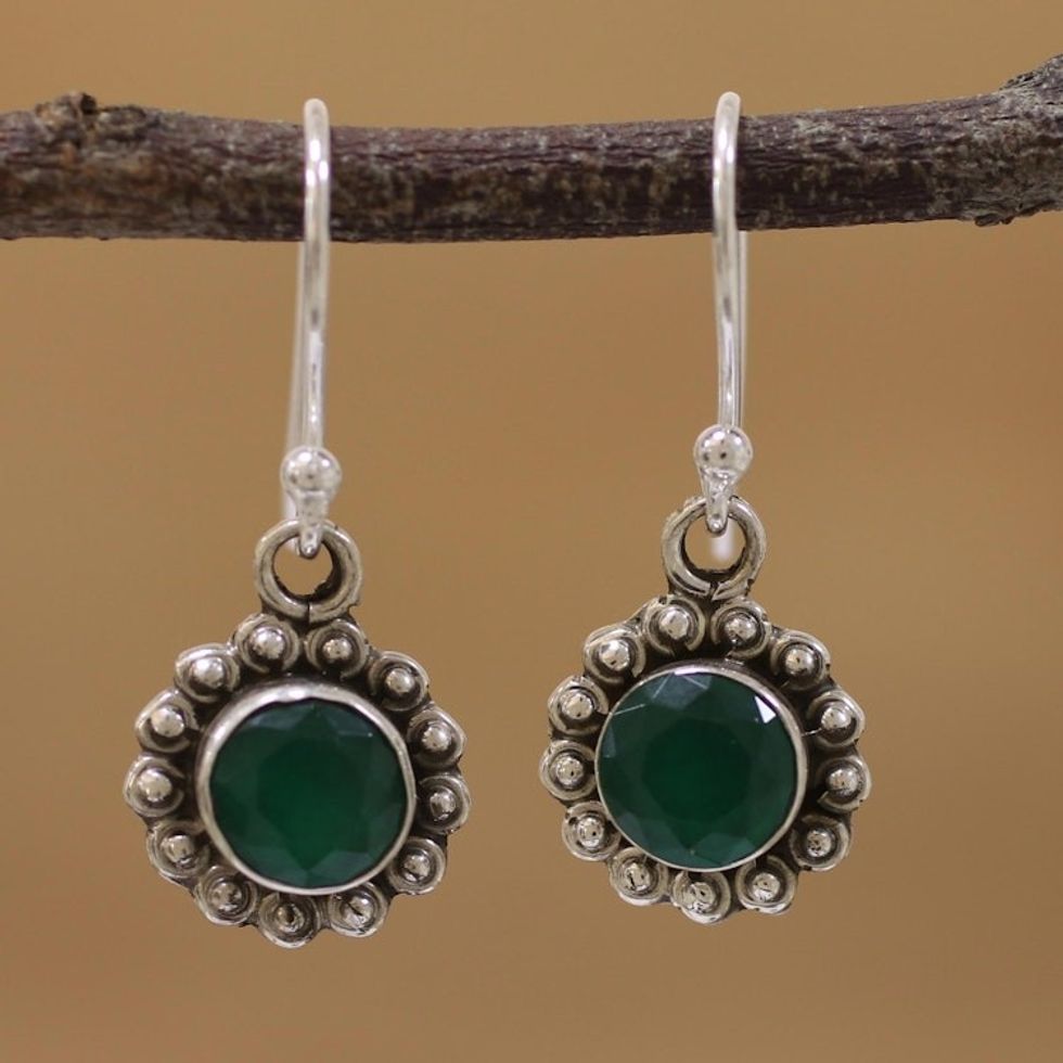 Green Onyx and Sterling Silver Floral Dangle Earrings 'Green Appeal'