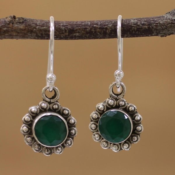 Alternate image for Green Onyx and Sterling Silver Floral Dangle Earrings Green Appeal