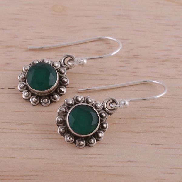 Alternate image for Green Onyx and Sterling Silver Floral Dangle Earrings Green Appeal