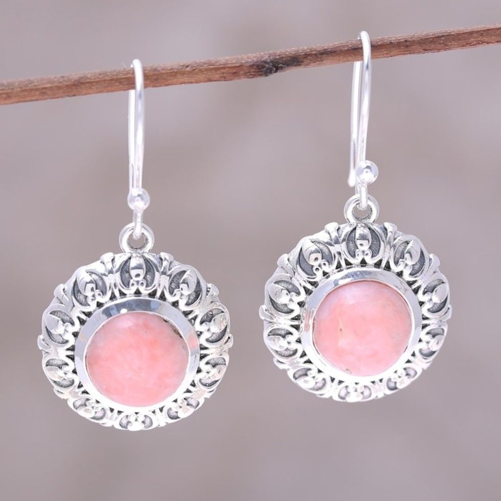 Handcrafted Sterling Silver Pink Opal Round Dangle Earrings 'Pink Renewal'