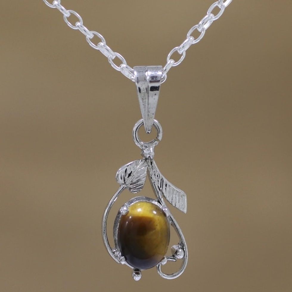 Rhodium Plated Tiger's Eye Pendant Necklace from India 'Earthen Bloom'
