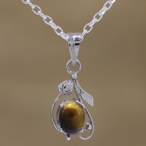 Alternate image for Rhodium Plated Tigers Eye Pendant Necklace from India Earthen Bloom