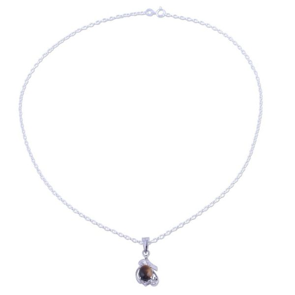 Alternate image for Rhodium Plated Tigers Eye Pendant Necklace from India Earthen Bloom