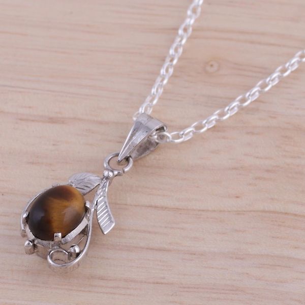 Alternate image for Rhodium Plated Tigers Eye Pendant Necklace from India Earthen Bloom