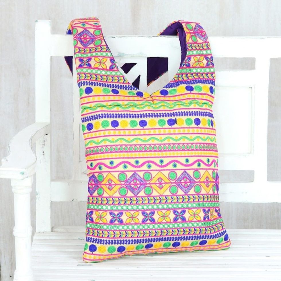 Multi-Colored Geometric Embroidered Striped Sling Handbag 'Beige Floral Fantasy'
